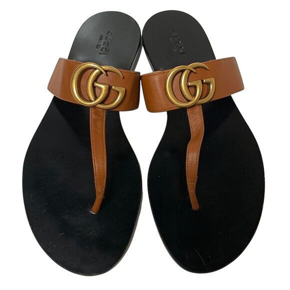 Gucci Marmont GG Thong Sandals EU 38 US 8 Brown Flat Flip Flop Slide Interlock - Picture 2 of 9